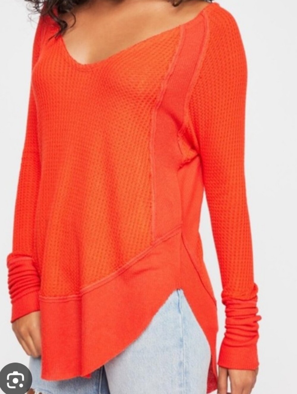 We The Free Bright Orange Waffle-Knit V-Neck Sweater